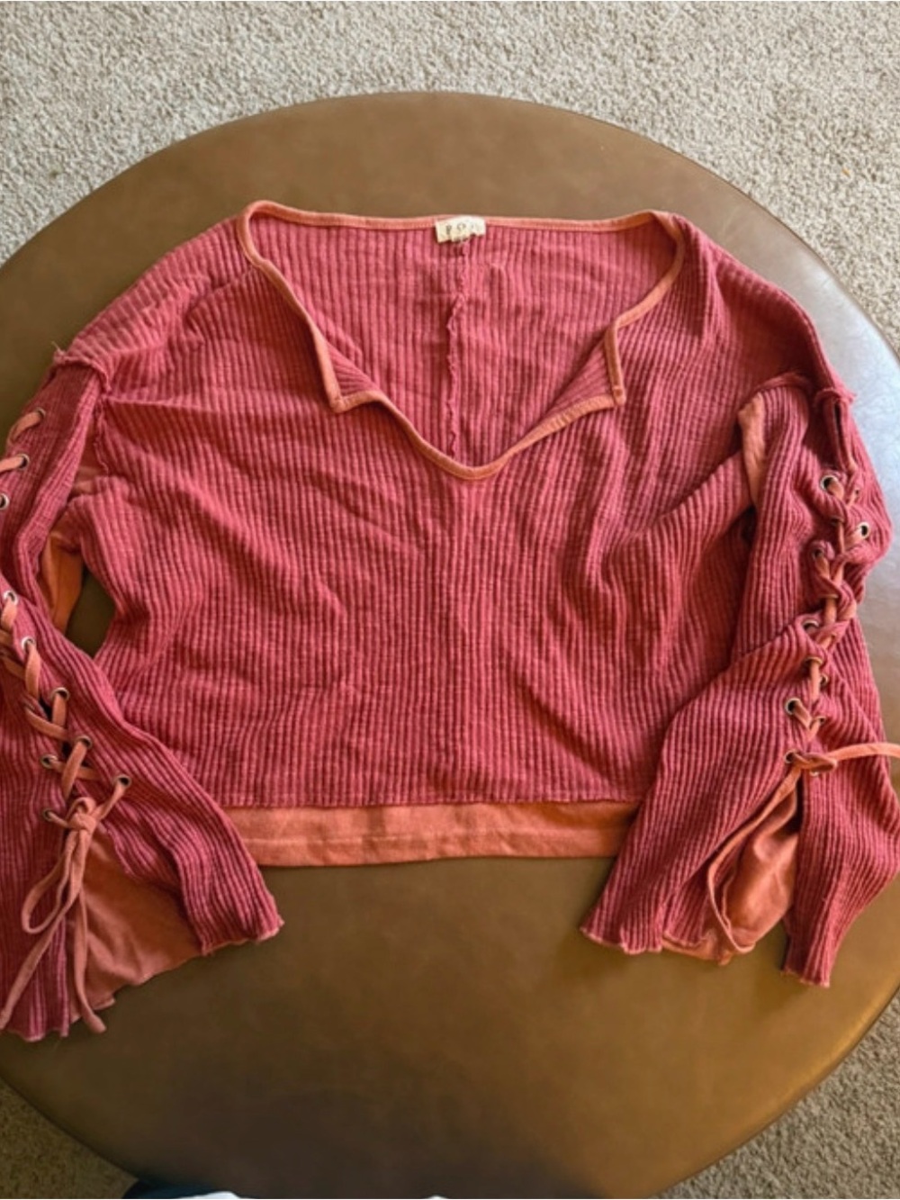 POL Ribbed Lace-Up Sleeve V-Neck Top in Rose